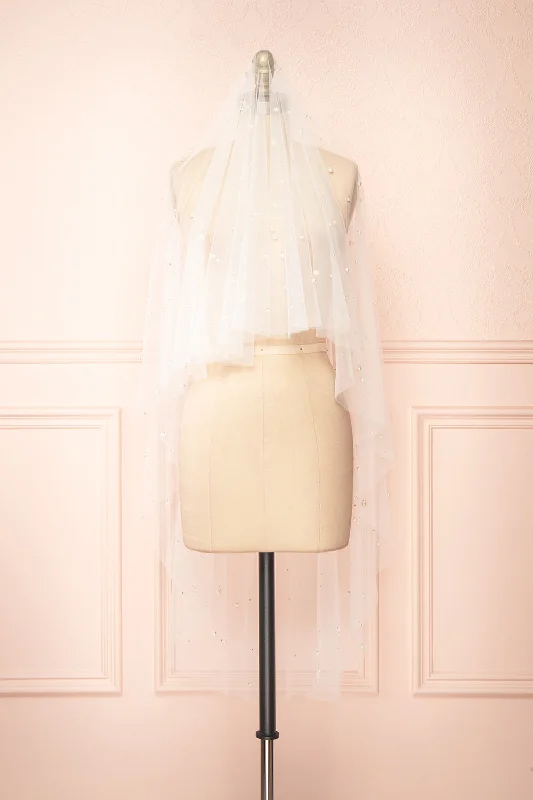 Minerva | White Mesh Wedding Veil w/ Pearls