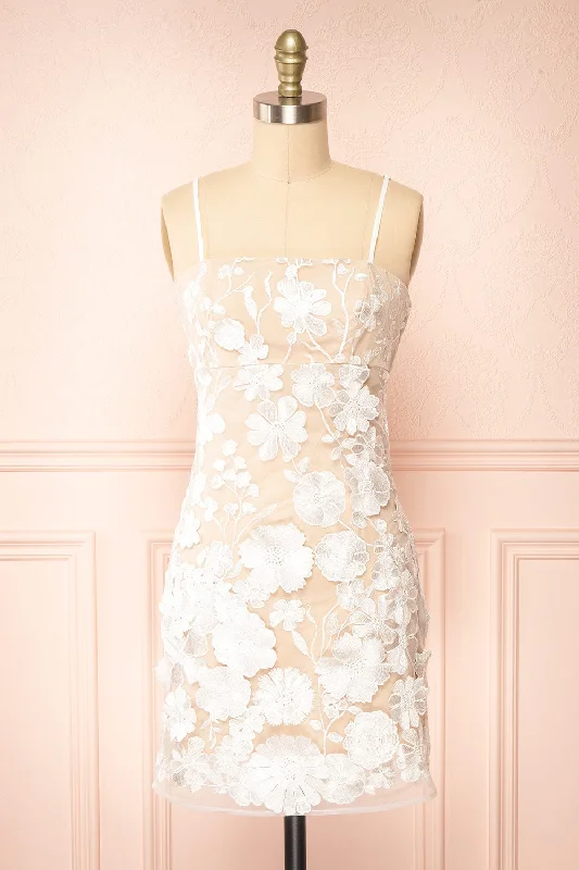 Stacia | Short White Mesh Dress w/ Floral Appliqués