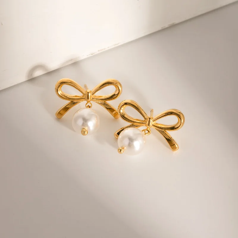 Stainless Steel Bow Pearl Earrings